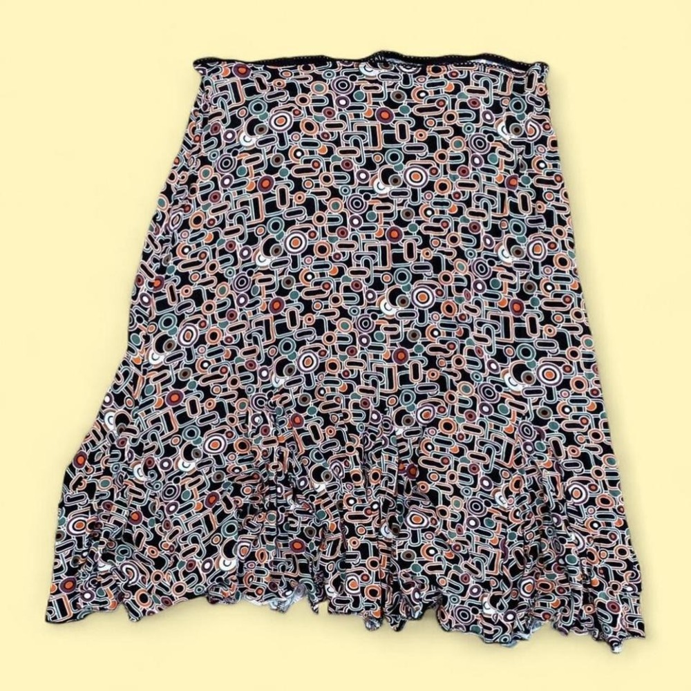 Tribal Geometric Print Midi Skirt Lace Trim Waist Ruffle Hem Multi Color Large